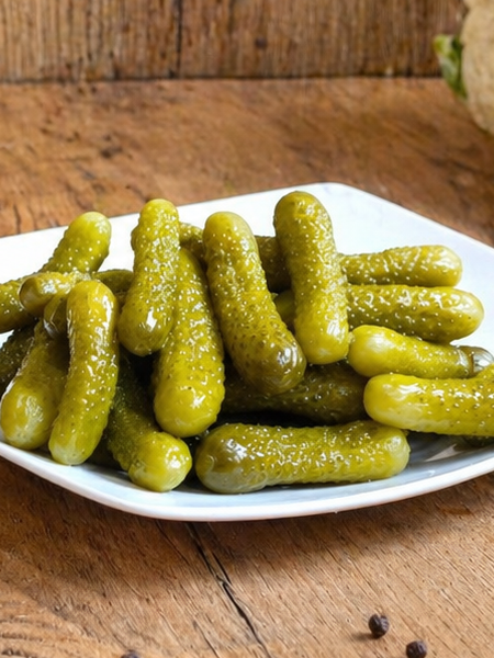 Hungarian mini cucumbers pickled in vinegar, a crunchy side dish for sandwiches, appetizers, and everyday meals.