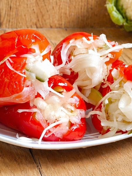Hungarian Kapia pepper stuffed with pickled vegetable salad and preserved in vinegar.