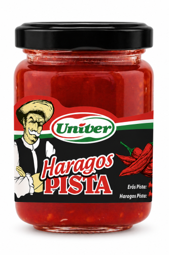 Haragos Pista Univer 150 g is an extra hot Hungarian paprika paste in a glass jar. It is a spicy addition to goulash, soups, sauces, marinades, meat dishes, and Hungarian-style cooking.