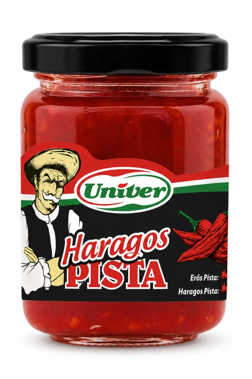 Haragos Pista Univer 150 g is an extra hot Hungarian paprika paste in a glass jar. It is a spicy addition to goulash, soups, sauces, marinades, meat dishes, and Hungarian-style cooking.