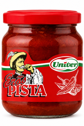 Erős Pista Univer 200 g is a hot Hungarian paprika paste in a glass jar. It is a spicy ingredient for goulash, lecsó, soups, sauces, meat dishes, marinades, and Hungarian-style cooking.