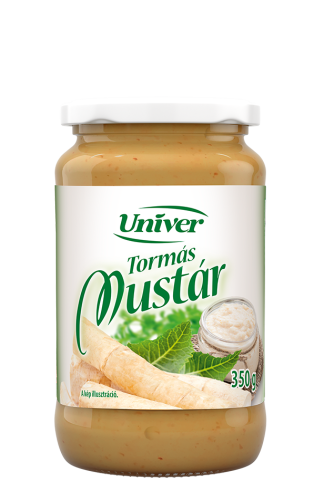 Univer Tormás Mustár 350 g authentic Hungarian horseradish mustard in a glass jar with a creamy texture and bold flavor.