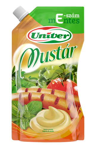 Univer Mustár 340 g classic Hungarian mustard made without E-numbered additives, packaged in a convenient resealable pouch.