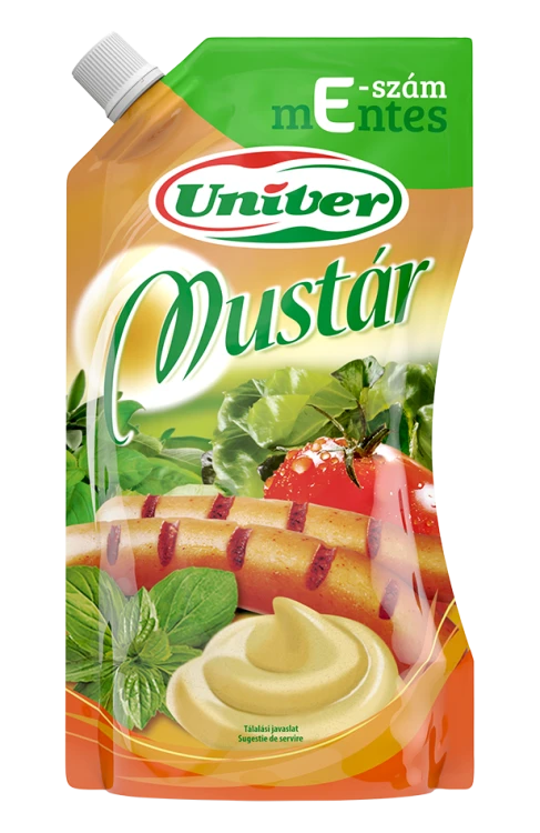 Univer Mustár 340 g classic Hungarian mustard made without E-numbered additives, packaged in a convenient resealable pouch.