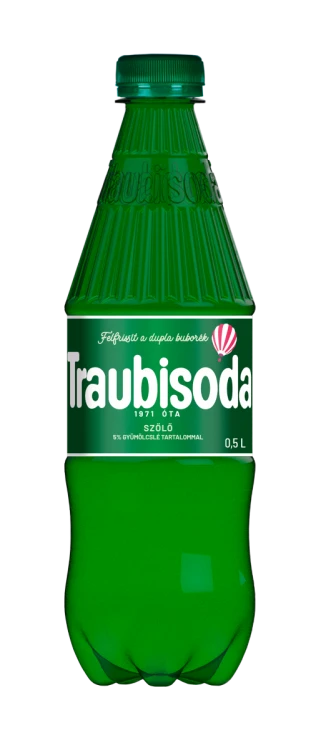 Traubisoda 500 ml – kultowy węgierski gazowany napój o smaku białych winogron w charakterystycznej zielonej butelce.