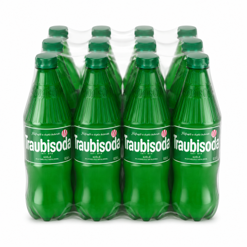 Traubisoda 500 ml – a 12-bottle multipack of the iconic Hungarian carbonated soft drink with a white grape flavor.