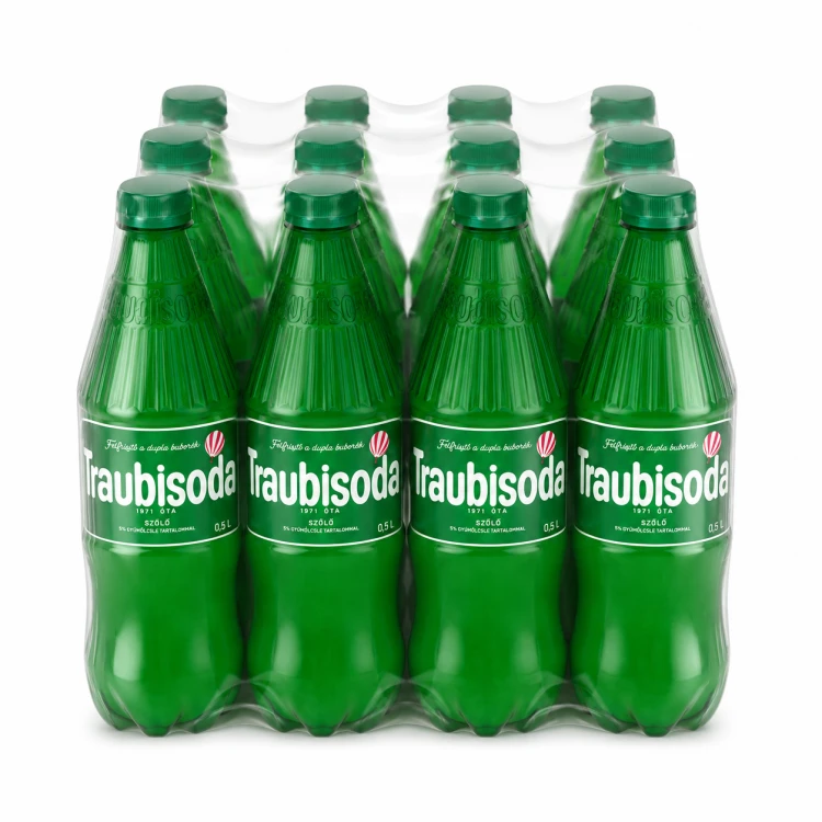 Traubisoda 500 ml – a 12-bottle multipack of the iconic Hungarian carbonated soft drink with a white grape flavor.