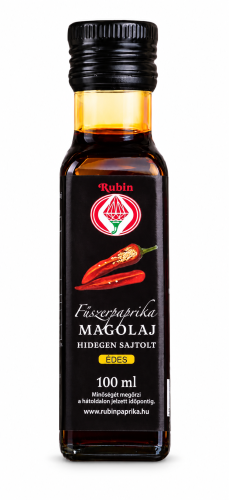 Rubin Hungarian sweet paprika seed oil, 100 ml, cold-pressed. A mild, aromatic addition to salads, marinades, and Hungarian dishes. Available at OstryStefek.pl.