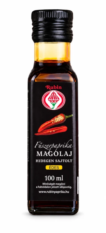 Rubin Hungarian sweet paprika seed oil, 100 ml, cold-pressed. A mild, aromatic addition to salads, marinades, and Hungarian dishes. Available at OstryStefek.pl.