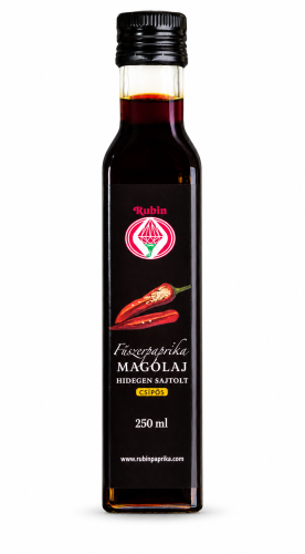 Rubin Hungarian hot paprika seed oil, 250 ml, cold-pressed. A spicy, aromatic addition to salads, marinades, and Hungarian dishes. Available at OstryStefek.pl.