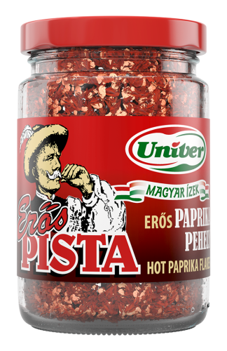 Przód słoiczka Univer Erős Pista Hot Paprika Flakes 55 g z charakterystyczną czerwoną etykietą i ilustracją postaci Erős Pista.