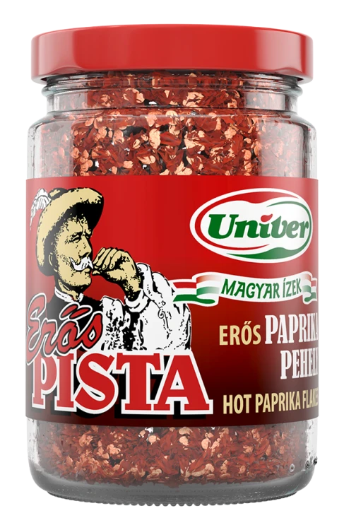 Front view of a 55 g jar of Univer Erős Pista Hot Paprika Flakes with its red label and characteristic Erős Pista figure.