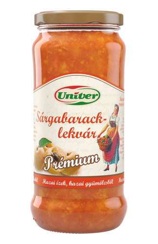 Univer Prémium apricot marmalade with 60% fruit in a 300 g glass jar. Front product view showing the Univer logo, apricot imagery and original label.