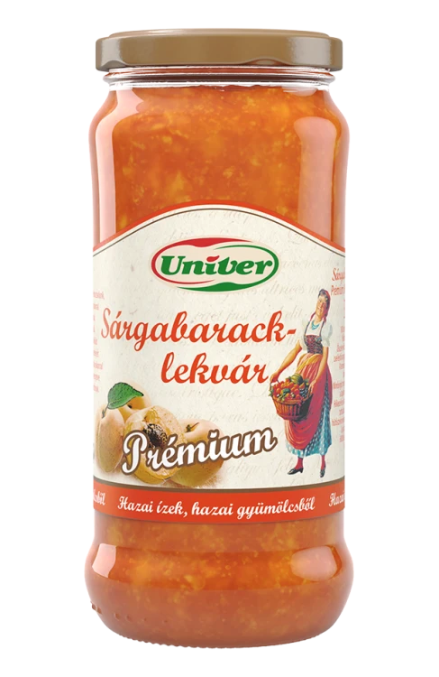 Marmolada morelowa Univer Prémium 60% owoców w szklanym słoiku 300 g. Zdjęcie produktowe przedstawia opakowanie od przodu z logo Univer i ilustracją moreli.