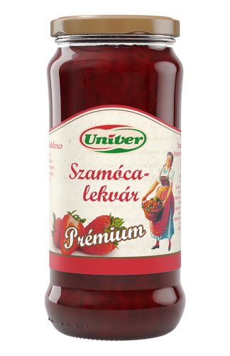 Marmolada truskawkowa Univer Prémium 60% owoców w szklanym słoiku 300 g. Przednia etykieta przedstawia logo marki Univer oraz ilustrację truskawek.
