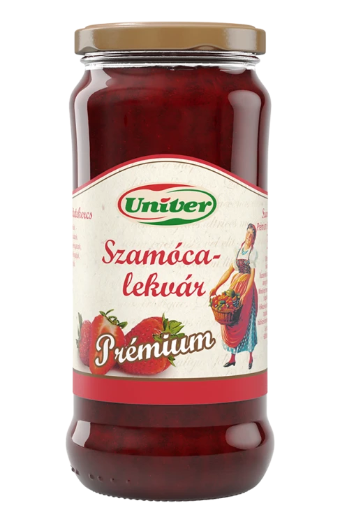 Marmolada truskawkowa Univer Prémium 60% owoców w szklanym słoiku 300 g. Przednia etykieta przedstawia logo marki Univer oraz ilustrację truskawek.