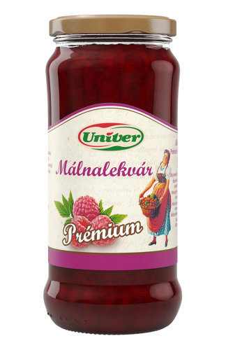 Univer Prémium raspberry marmalade with 60% fruit in a 300 g glass jar. The front label features the Univer logo and raspberry imagery.