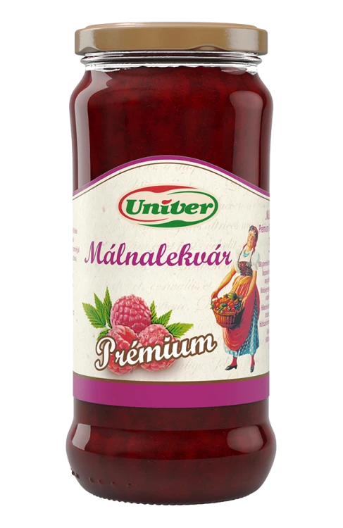 Marmolada malinowa Univer Prémium 60% owoców w szklanym słoiku 300 g. Przednia etykieta przedstawia logo marki Univer oraz ilustrację malin.