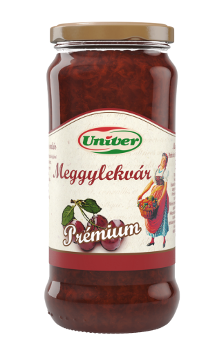 Marmolada wiśniowa Univer Prémium 60% owoców w szklanym słoiku 300 g. Przednia etykieta przedstawia logo marki Univer oraz ilustrację wiśni.