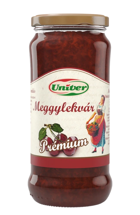 Marmolada wiśniowa Univer Prémium 60% owoców w szklanym słoiku 300 g. Przednia etykieta przedstawia logo marki Univer oraz ilustrację wiśni.
