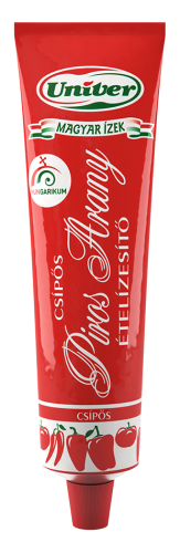 Univer Piros Arany Csípős spicy Hungarian paprika paste in a distinctive red 160g tube. A concentrated paprika condiment for meats, soups, stews, sauces, and sandwiches.