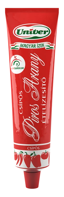Univer Piros Arany Csípős spicy Hungarian paprika paste in a distinctive red 160g tube. A concentrated paprika condiment for meats, soups, stews, sauces, and sandwiches.