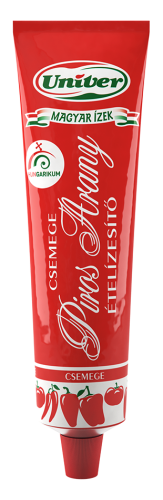 Product image of Univer Piros Arany Csemege mild Hungarian paprika paste in a red 160g tube. Made with 87% paprika for seasoning goulash, soups, sauces, meats, and sandwiches.