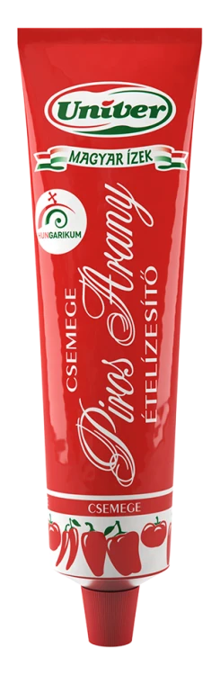 Product image of Univer Piros Arany Csemege mild Hungarian paprika paste in a red 160g tube. Made with 87% paprika for seasoning goulash, soups, sauces, meats, and sandwiches.