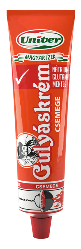 Product image of Univer Gulyáskrém Csemege mild Hungarian goulash paste in a red 160g tube, made with paprika, onion, tomato, cumin, and seasonings for soups, stews, and sauces.