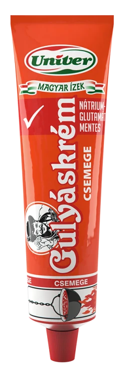 Zdjęcie przedstawia Univer Gulyáskrém Csemege 160g w czerwonej tubce. Łagodna węgierska pasta do gulaszu z papryką, cebulą, pomidorami, kuminem i przyprawami.