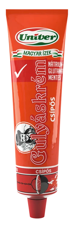 Gulyáskrém Csípős Univer 160g – ostra węgierska pasta do gulaszu w tubce, przygotowana z papryki, pomidorów, cebuli, kminku i przypraw.