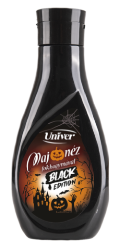 Univer Black Edition 420g – czarny majonez o smaku czosnkowym, idealny do burgerów, frytek i przekąsek na Halloween.
