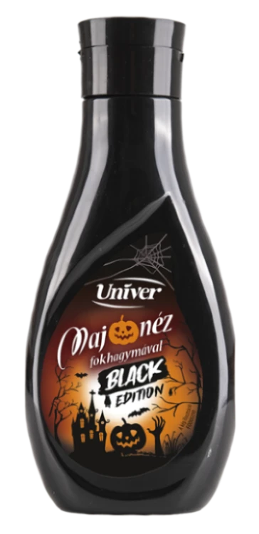 Univer Black Edition 420g – czarny majonez o smaku czosnkowym, idealny do burgerów, frytek i przekąsek na Halloween.