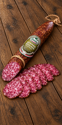 Palatin Szamár Szalámi Csemege mild donkey salami in a natural beef casing, displayed with thin slices on rustic wooden boards.