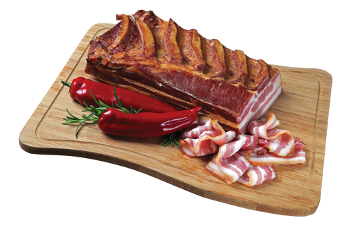 Traditional  dry-aged and smoked pork belly displayed on a wooden board, with visible cured slices and a subtle smoky atmosphere highlighting its artisanal character.