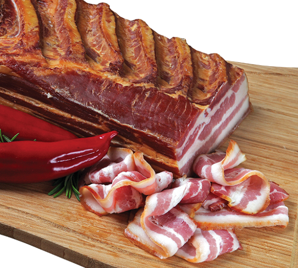 Dry-aged, smoked and air-dried pork belly presented on a wooden board, showcasing rich marbling, sliced cured meat, and a natural smoky finish inspired by traditional Hungarian charcuterie.