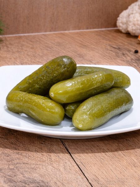 Ogórki marynowane Csemege uborka z Vecsés podane na talerzu.