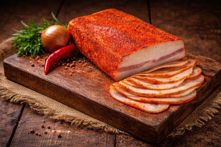 Słonina paprykowana z mangalicy, dojrzewająca i wędzona, w rustykalnej aranżacji. Naturalnie obsypana drobno mieloną papryką, o delikatnej strukturze i intensywnym aromacie. Tradycyjny węgierski wyrób premium.