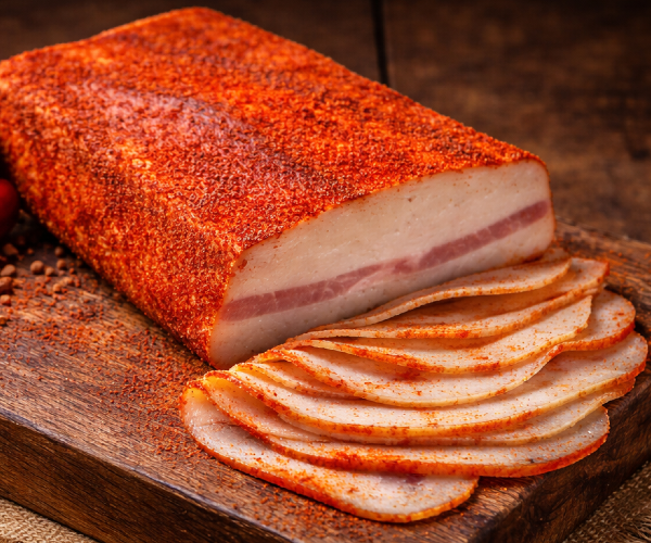 Słonina paprykowana z mangalicy, dojrzewająca i wędzona, w rustykalnej aranżacji. Naturalnie obsypana drobno mieloną papryką, o delikatnej strukturze i intensywnym aromacie. Tradycyjny węgierski wyrób premium.