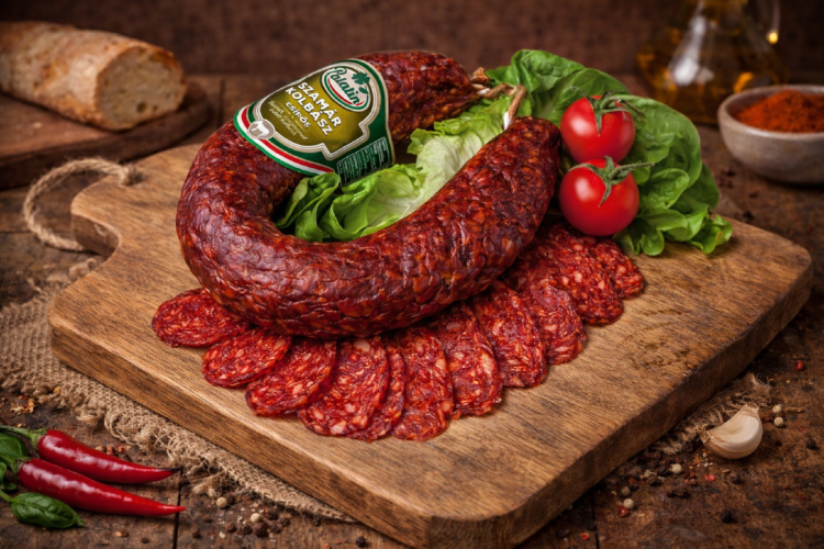 Traditional Hungarian dry-cured sausage served on a wooden board with sliced pieces, lettuce, and cherry tomatoes. Rich flavor and rustic presentation.