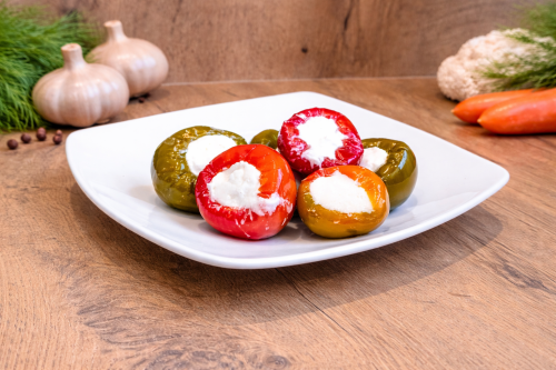 Pickled Cherry Peppers Stuffed with Cream Cheese 250 g – Hungarian appetizer peppers with creamy cheese filling, ready-to-serve chilled delicatessen product