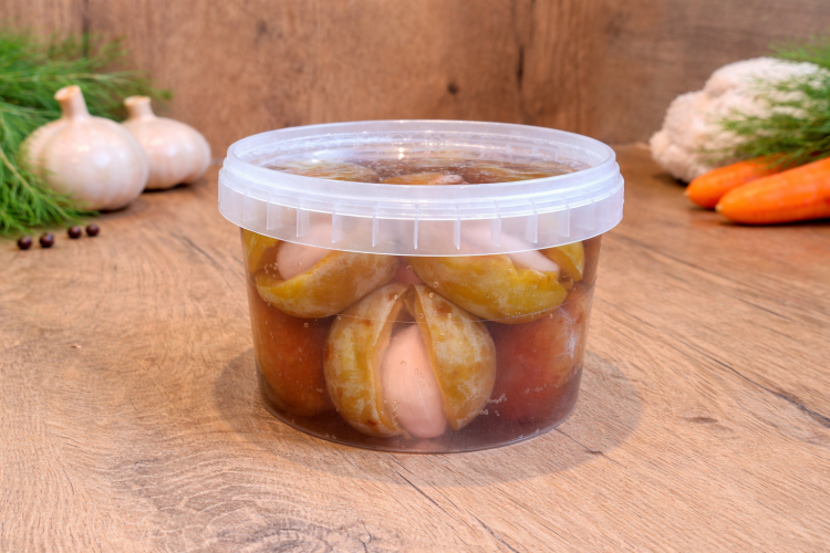 Plums Stuffed with Garlic Pickled in Vinegar 600 g – traditional Hungarian non-pasteurized delicatessen product with sweet-and-tangy flavor and distinctive garlic aroma