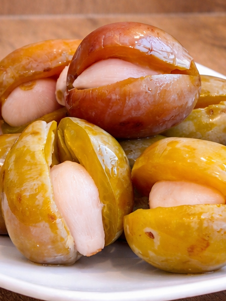 Plums Stuffed with Garlic Pickled in Vinegar 600 g – traditional Hungarian non-pasteurized delicatessen product with sweet-and-tangy flavor and distinctive garlic aroma