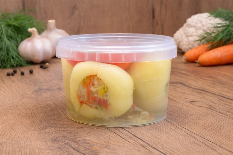 Traditional Hungarian mild apple pepper stuffed with pickled vegetable salad and preserved in vinegar.
