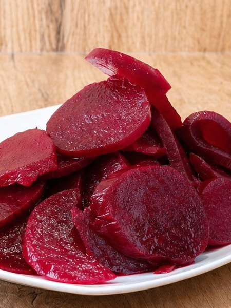 Węgierskie buraki krojone marynowane w occie, gotowe do podania jako dodatek do obiadu.