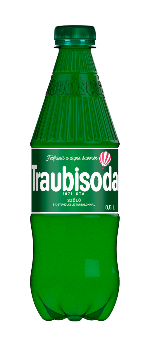 Traubisoda 500 ml – kultowy węgierski gazowany napój o smaku białych winogron w charakterystycznej zielonej butelce.